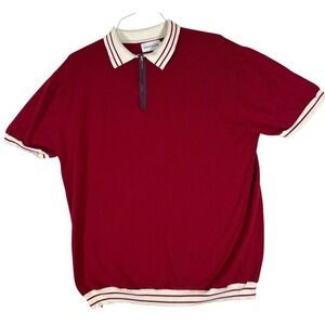OXKNITSTORE Mens 3XL Burgundy Red Knit Quarter Zip Polo Shirt Retro Striped Trim
